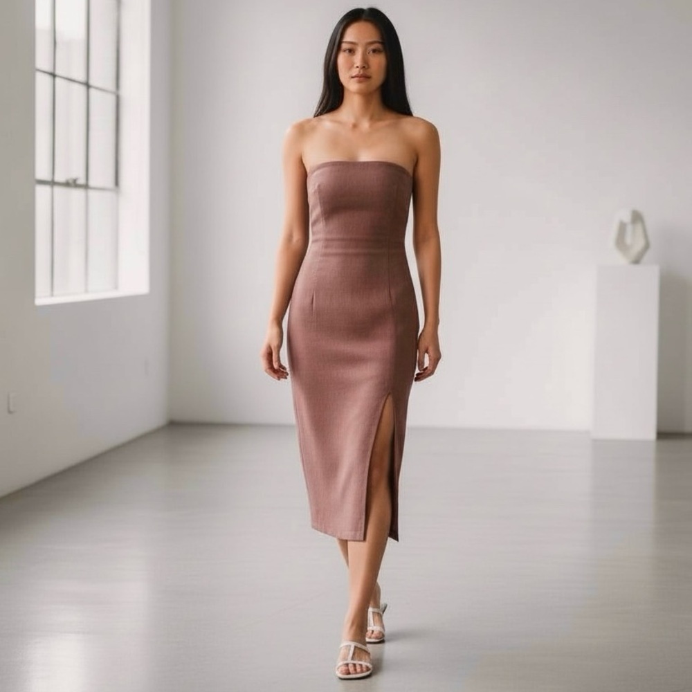 * Abercrombie & Fitch Brown Linen Strapless Midi Dress Size S